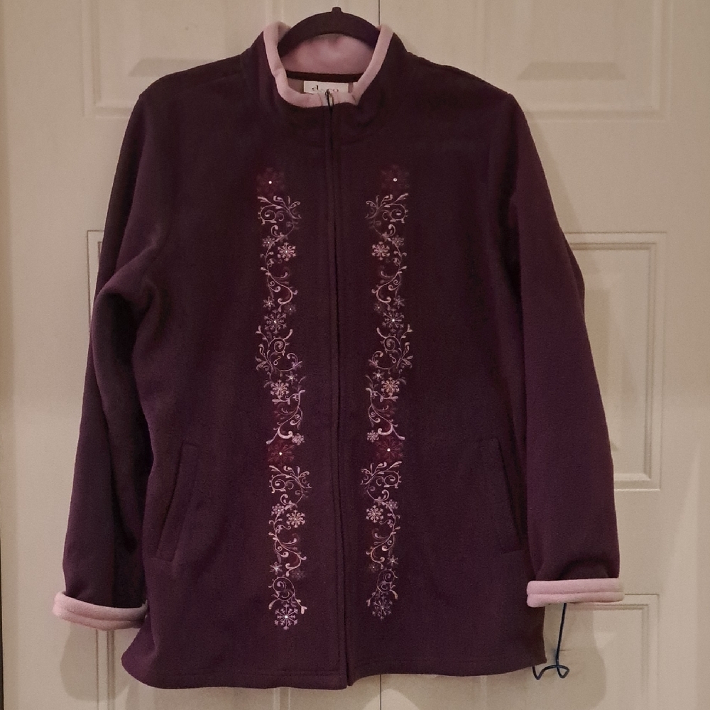 BNWOT Denim & Co. purple and pink enbroidered fleece jacket L